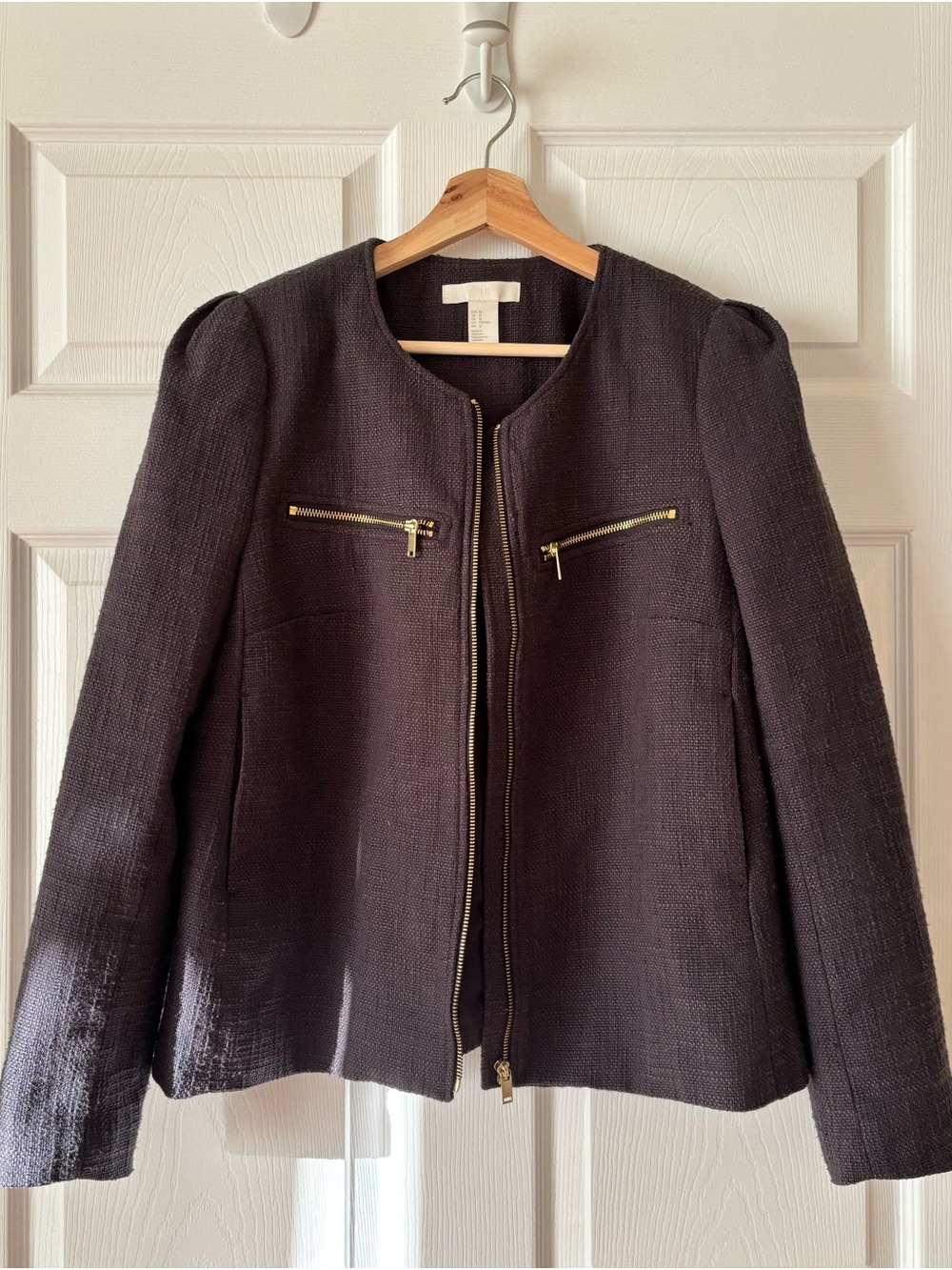H&M Black Textured Zip-Front Blazer with Gold Zippers